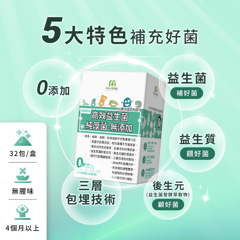 MIHONG® 高效益生菌-厚菌版9000億(32包/盒)-無添加