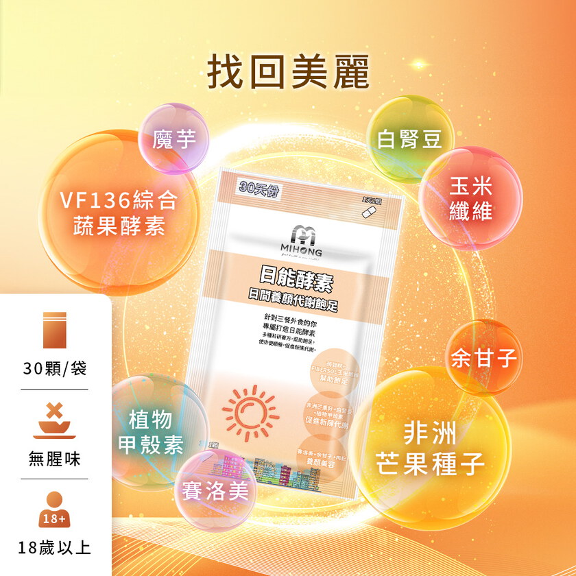 MIHONG®日能酵素-日間代謝(30顆/袋) 代謝+飽足+養顏